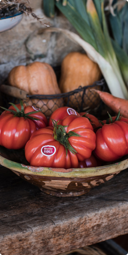 Tomate Monterosa en una cesta junto a otras verduras. Tomate con un color muy apetecible.