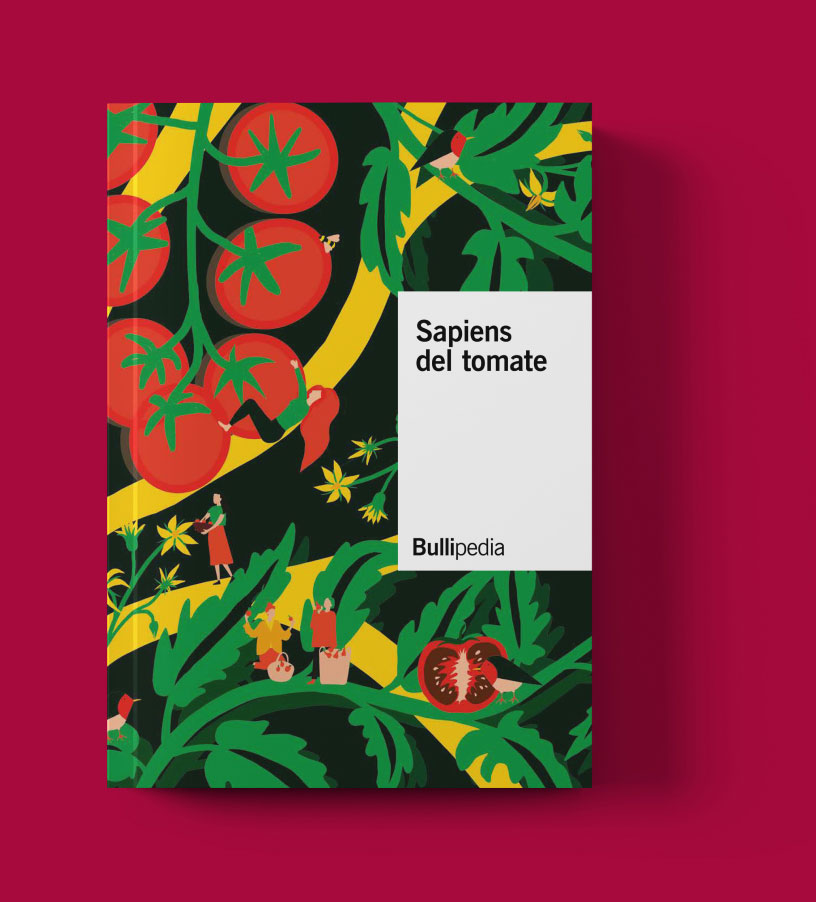 Vuoi saperne di più? 1 Imagen del libro Sapiens del tomate sobre un fondo granate, color corporativo de la Marca Monterosa.