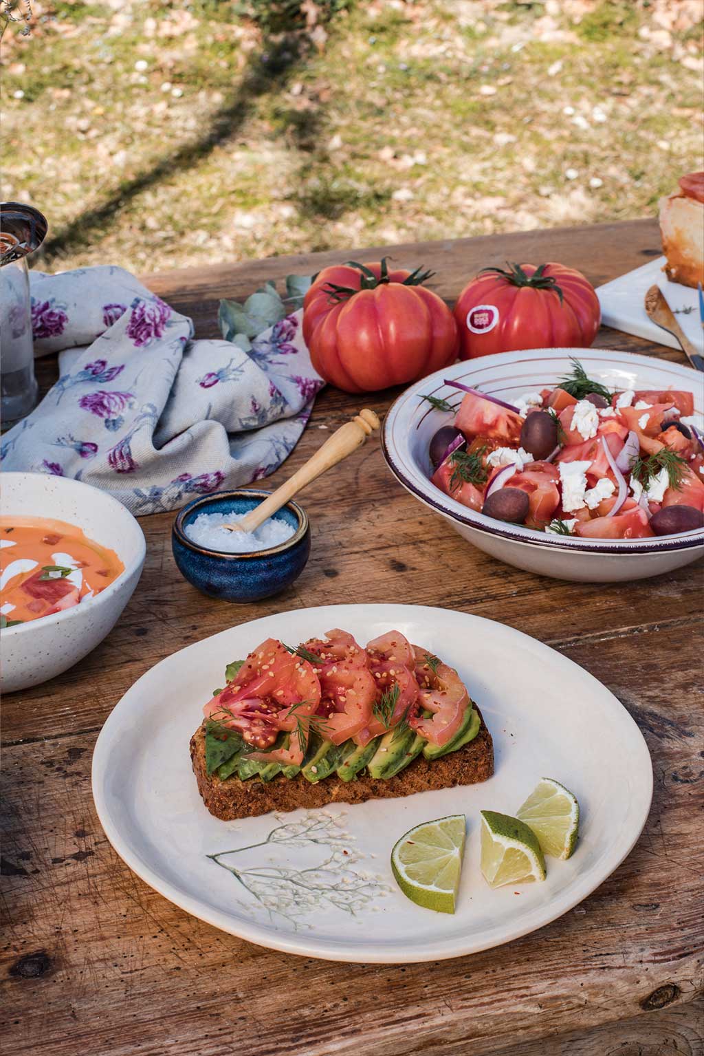 Receta de tostadas de pan rústico con Tomate Monterosa, Aguacate y un limón cortado a modo de decoración. En la imagen sobre un plato blanco con la rama de un árbol grabada. Tambien se observa una ensalada y un gazpacho. Dos tomates enteros un poco de sal y un paño de cocina. La foto estáechada en el exterior.