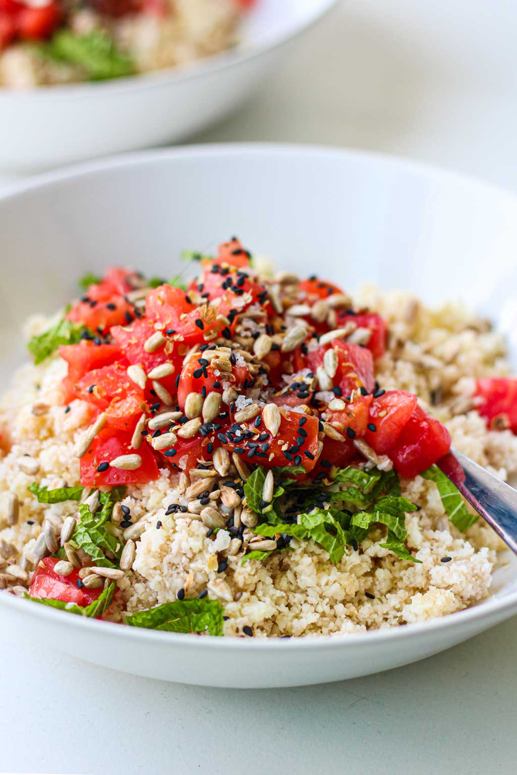 Receta de cous cous de coliflor con tomate Monterosa. By Laura García.